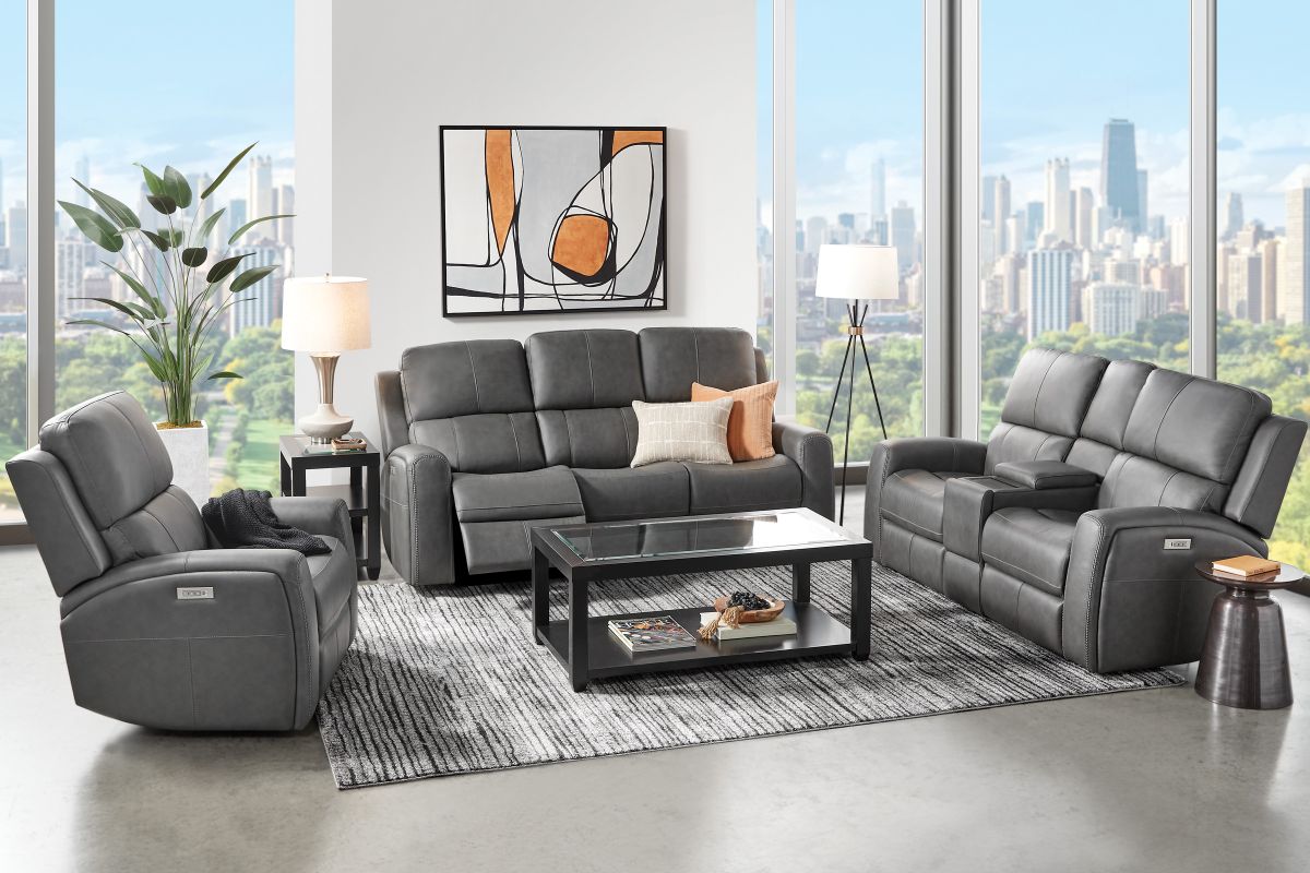 Linton Grey Leather Triple Power Recliner 2