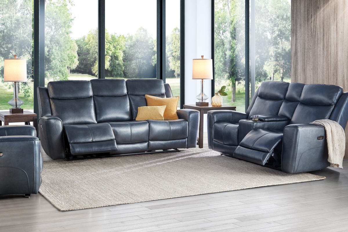 Scorpio Blue Leather Dual Power Reclining Sofa 12