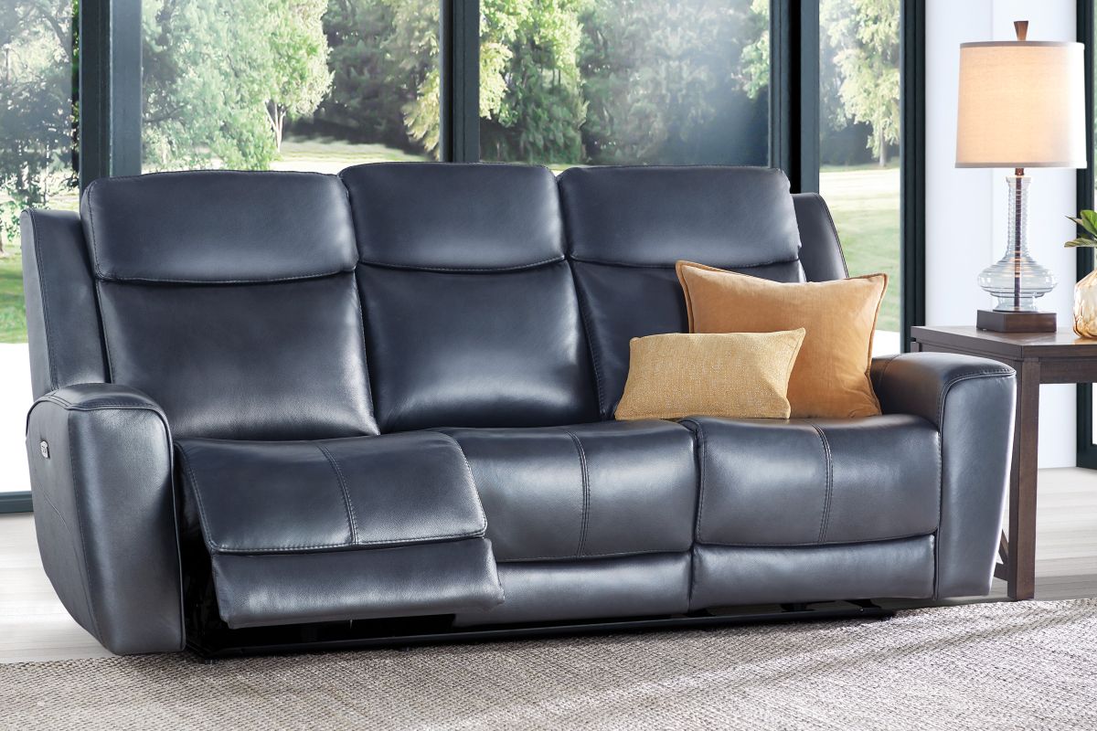 Scorpio Blue Leather Dual Power Reclining Sofa 9
