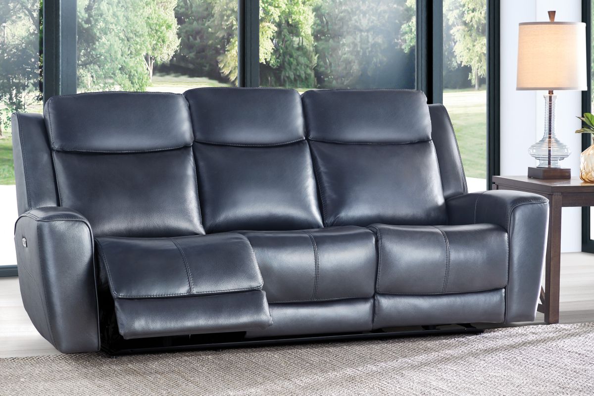 Scorpio Blue Leather Dual Power Reclining Sofa 10