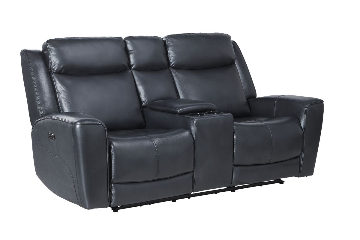 Scorpio Blue Leather Dual Power Reclining Console Loveseat 3