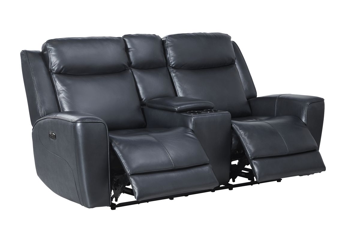 Scorpio Blue Leather Dual Power Reclining Console Loveseat 4