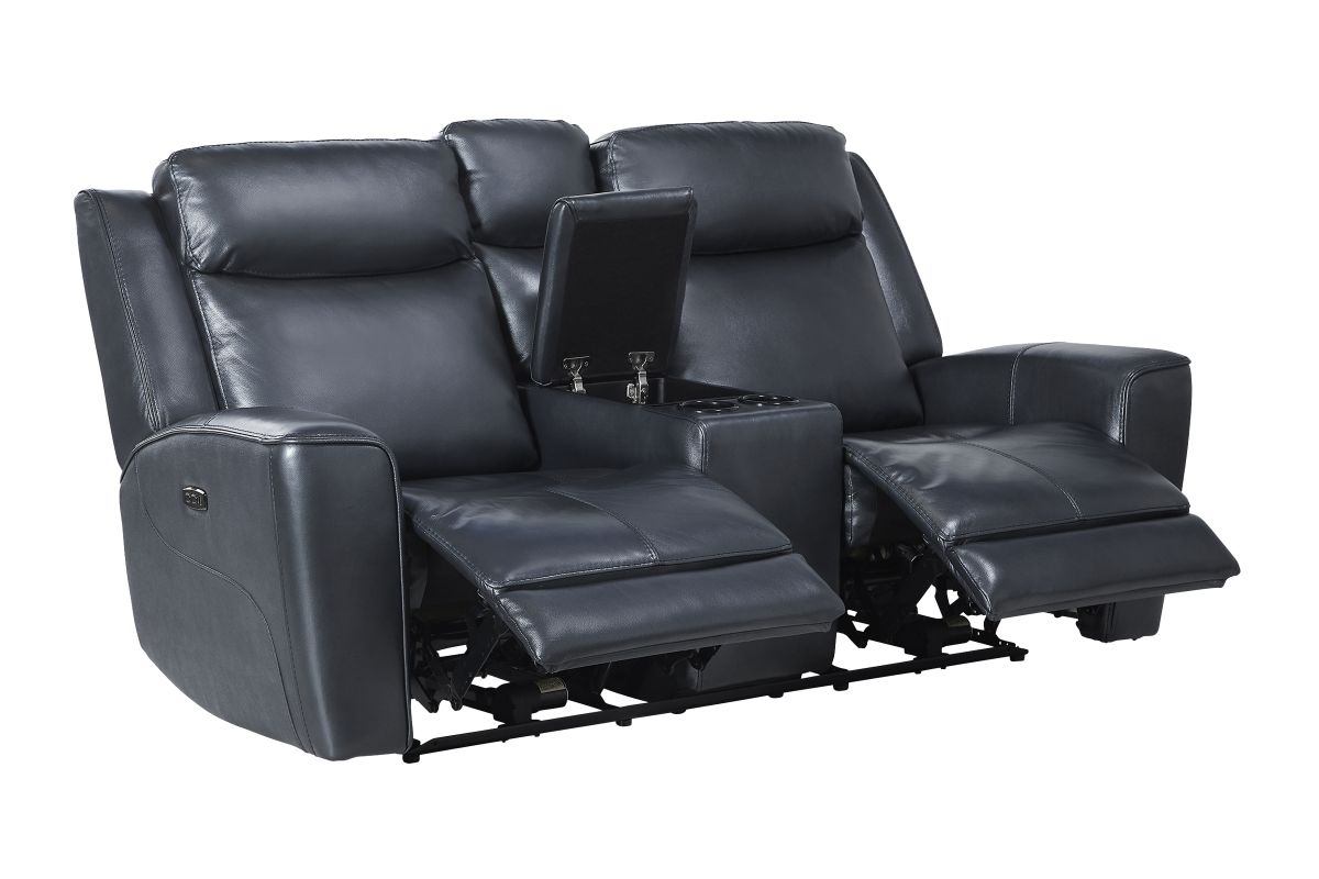 Scorpio Blue Leather Dual Power Reclining Console Loveseat 6