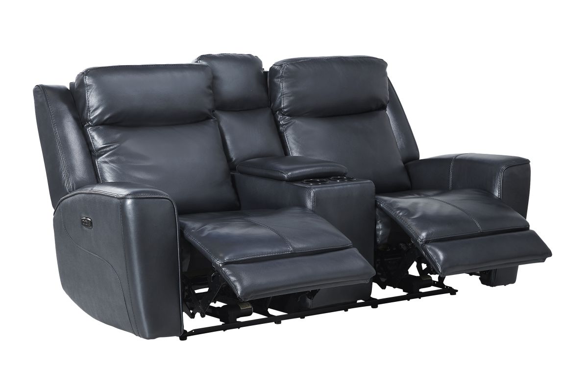 Scorpio Blue Leather Dual Power Reclining Console Loveseat 5