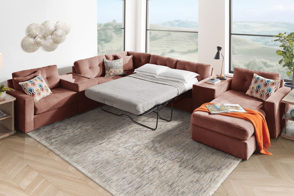 ModularOne Sectional Merlot 7-Piece Sectional with Sleeper + E-Console + Right Arm Facing Chaise 7