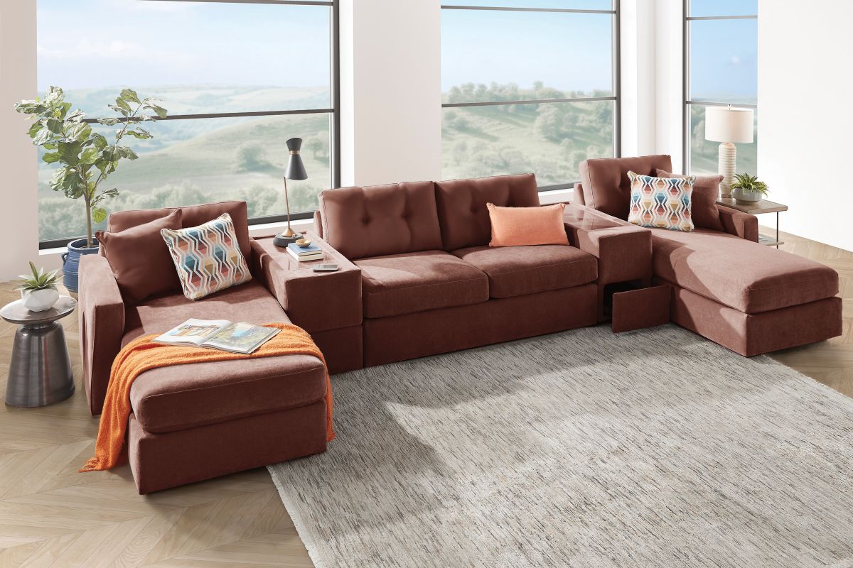 ModularOne Sectional Merlot 5-Piece Sectional with Sleeper + E-Console 7