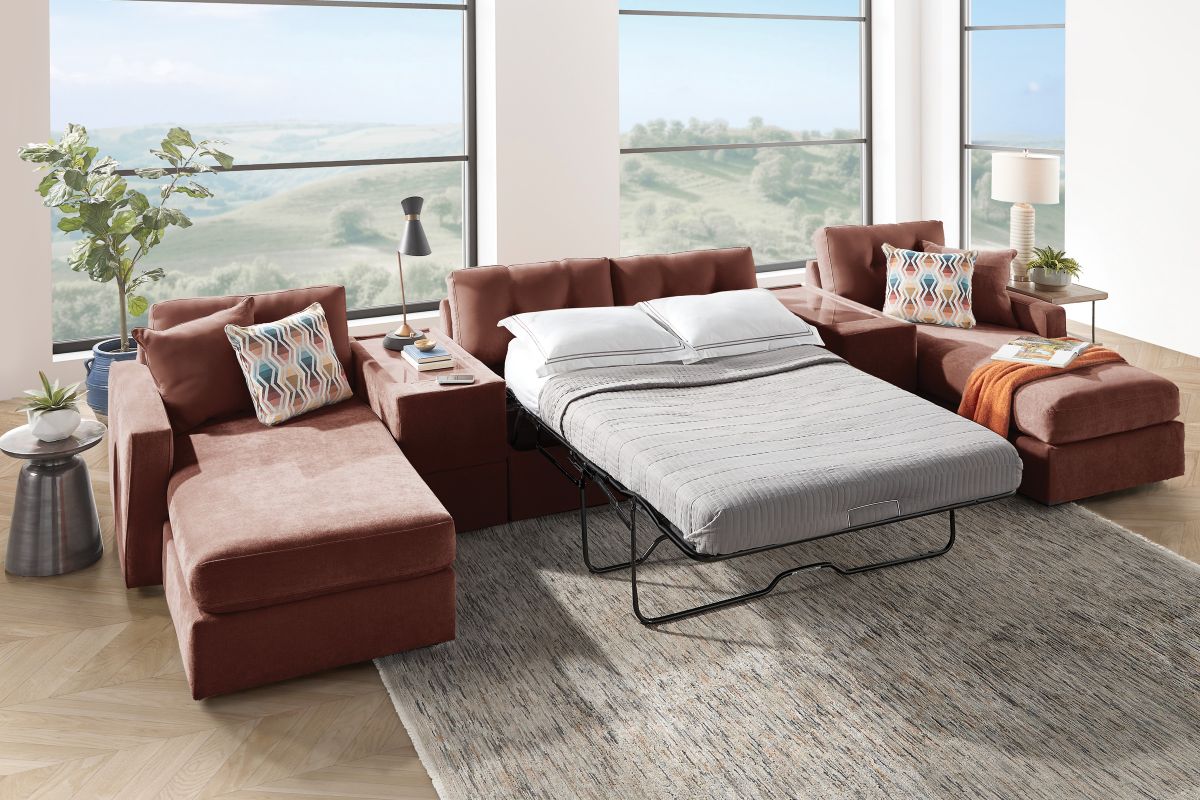 ModularOne Sectional Merlot 5-Piece Sectional with Sleeper + E-Console 9