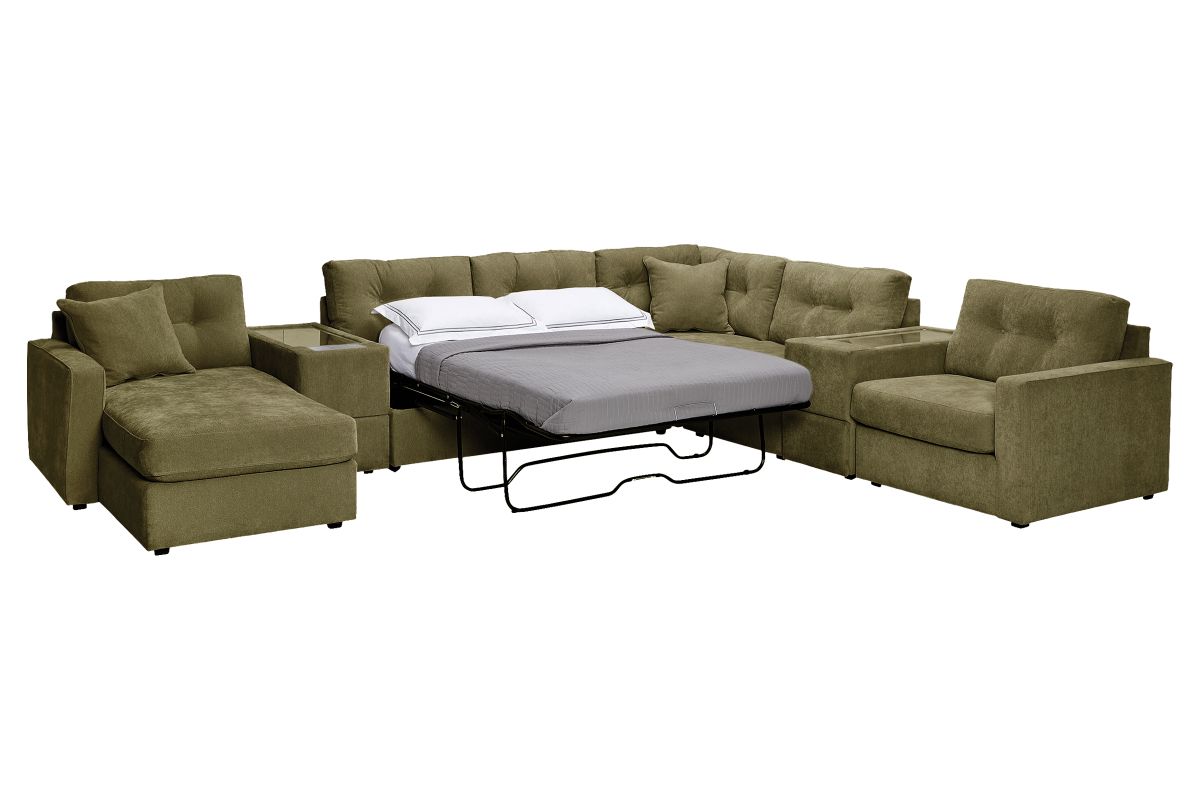 ModularOne Sectional Moss 7-Piece Sectional with Sleeper + E-Console + Left Arm Facing Chaise 5