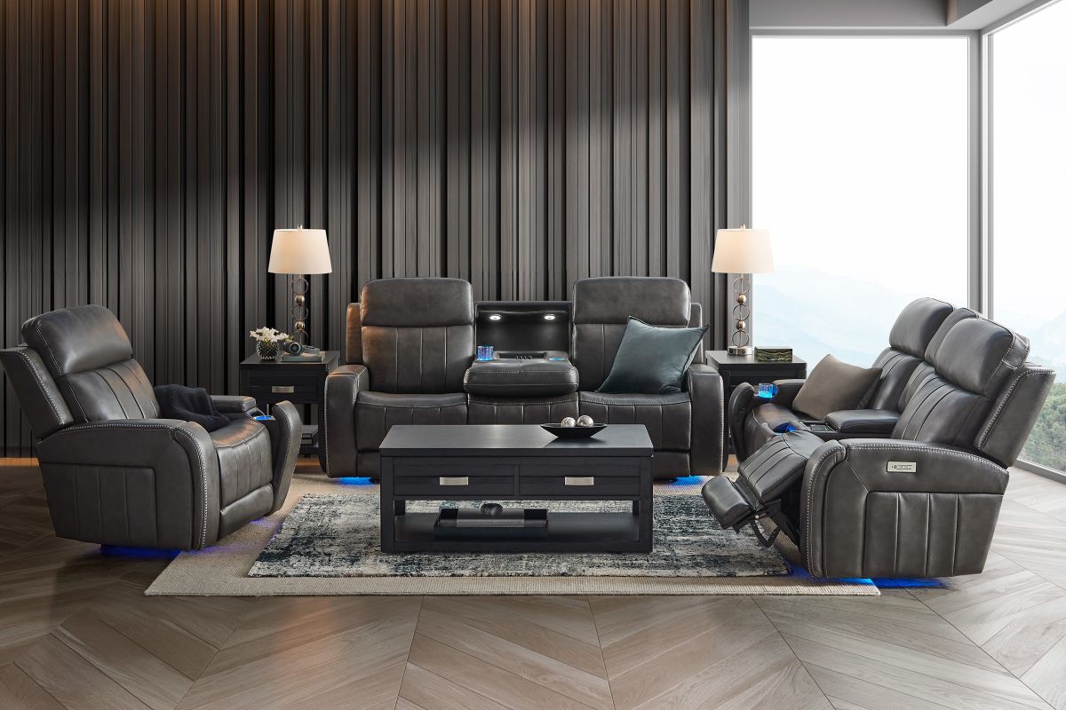 Maverick Steel Audio Triple Power Leather Reclining Sofa 2