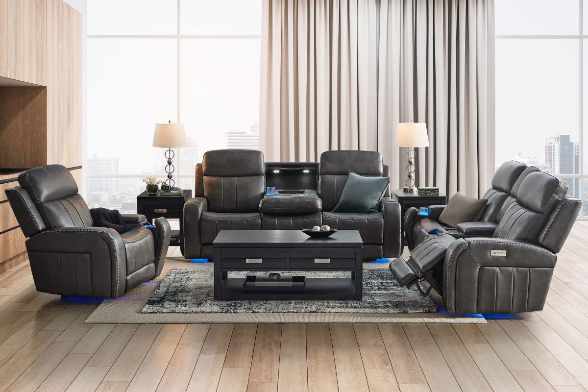 Maverick Steel Audio Triple Power Leather Reclining Sofa 3