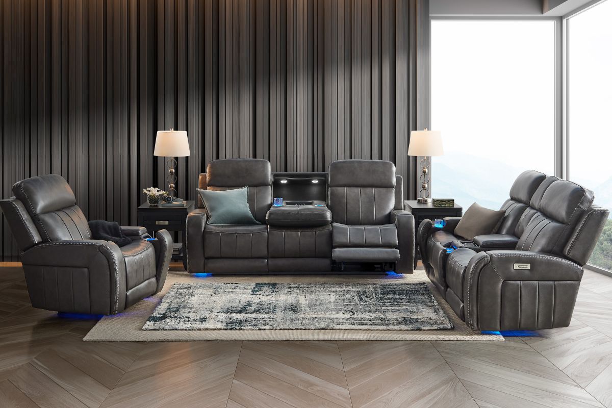 Maverick Steel Audio Triple Power Leather Reclining Sofa 4