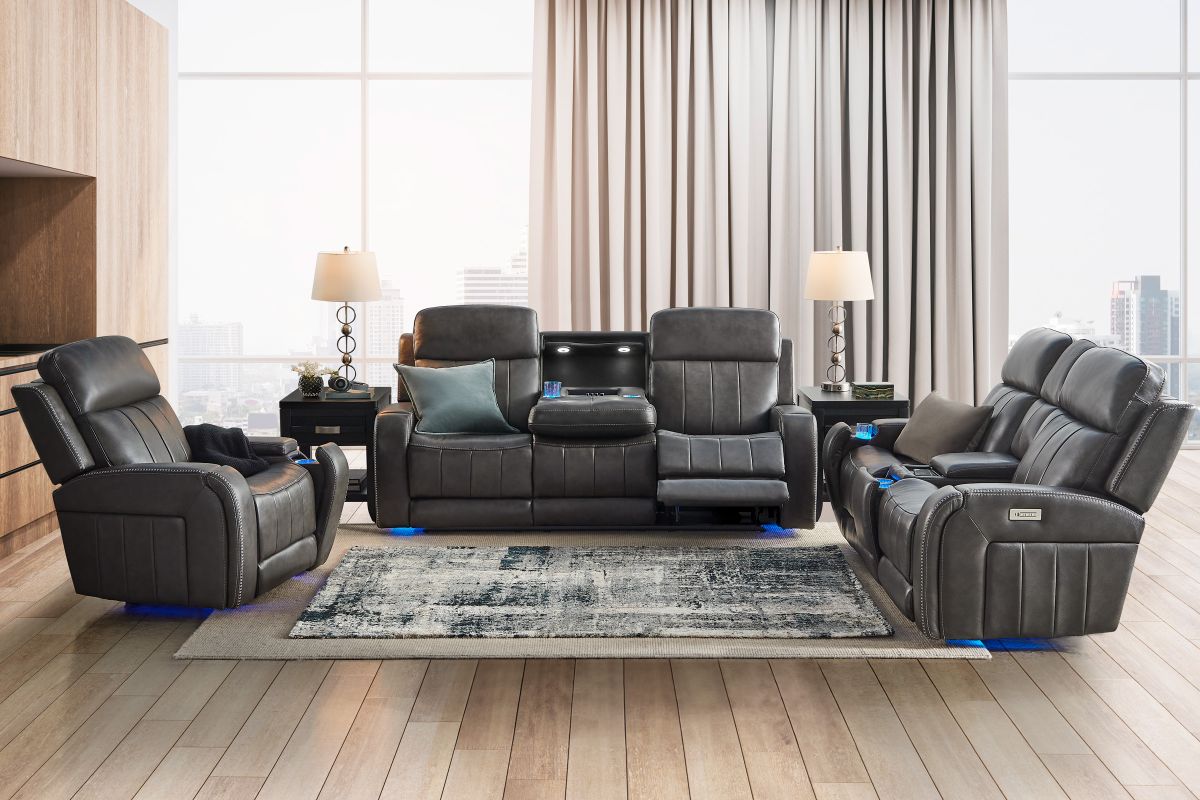 Maverick Steel Audio Triple Power Leather Reclining Sofa 5