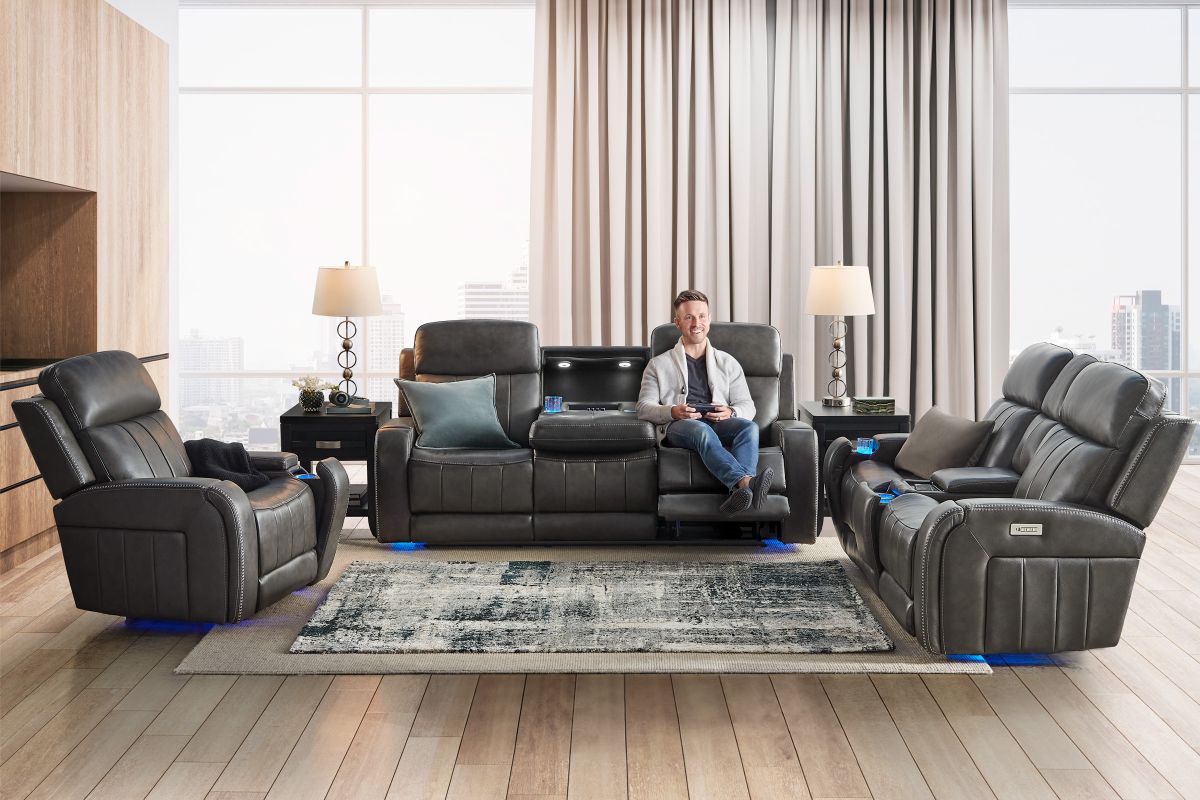 Maverick Steel Audio Triple Power Leather Reclining Sofa 7