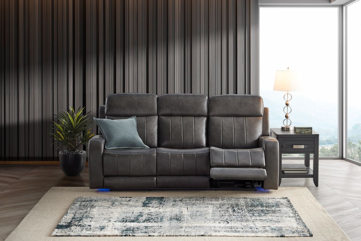Maverick Steel Audio Triple Power Leather Reclining Sofa 8