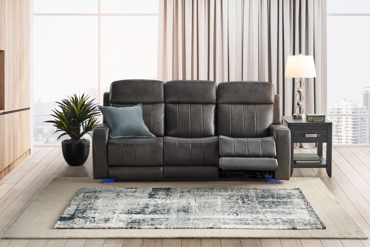 Maverick Steel Audio Triple Power Leather Reclining Sofa 9