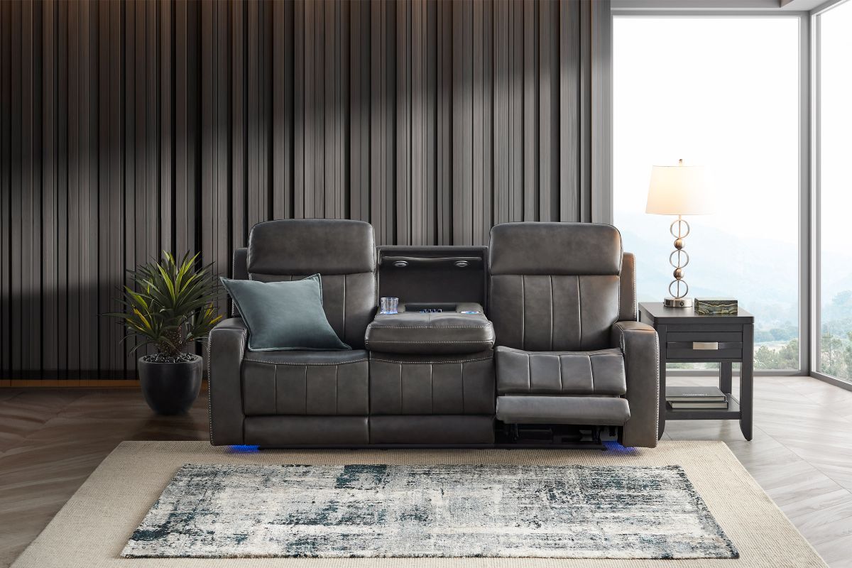 Maverick Steel Audio Triple Power Leather Reclining Sofa 10