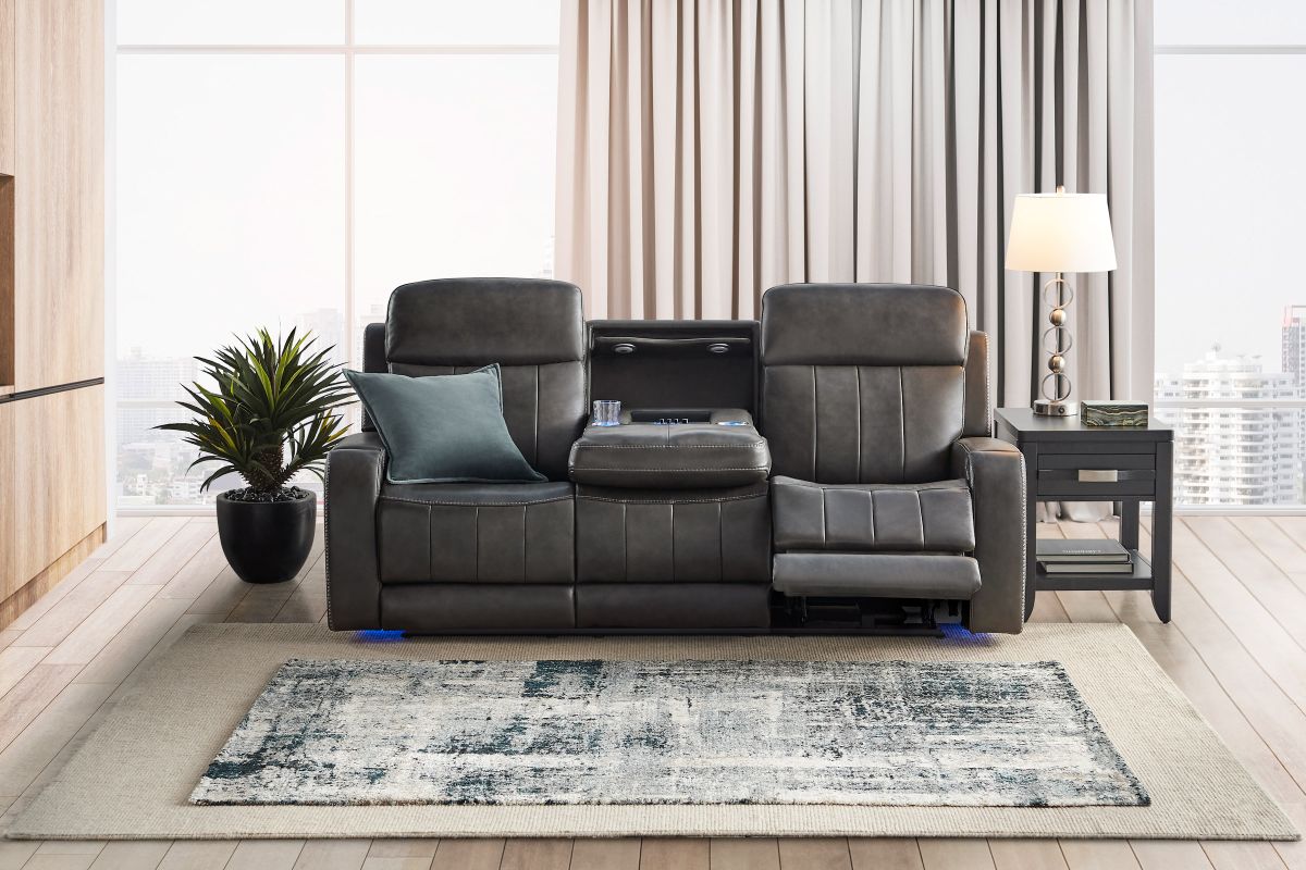 Maverick Steel Audio Triple Power Leather Reclining Sofa 11
