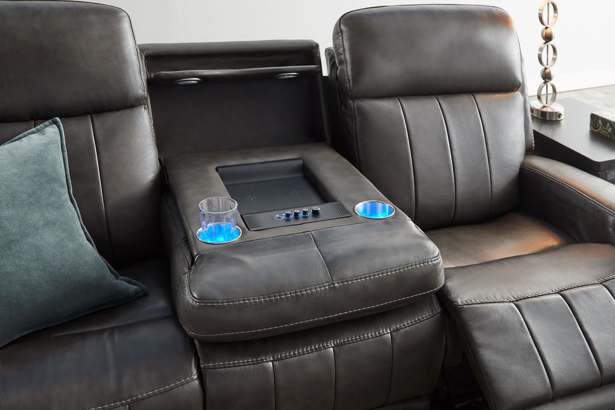 Maverick Steel Audio Triple Power Leather Reclining Sofa 12