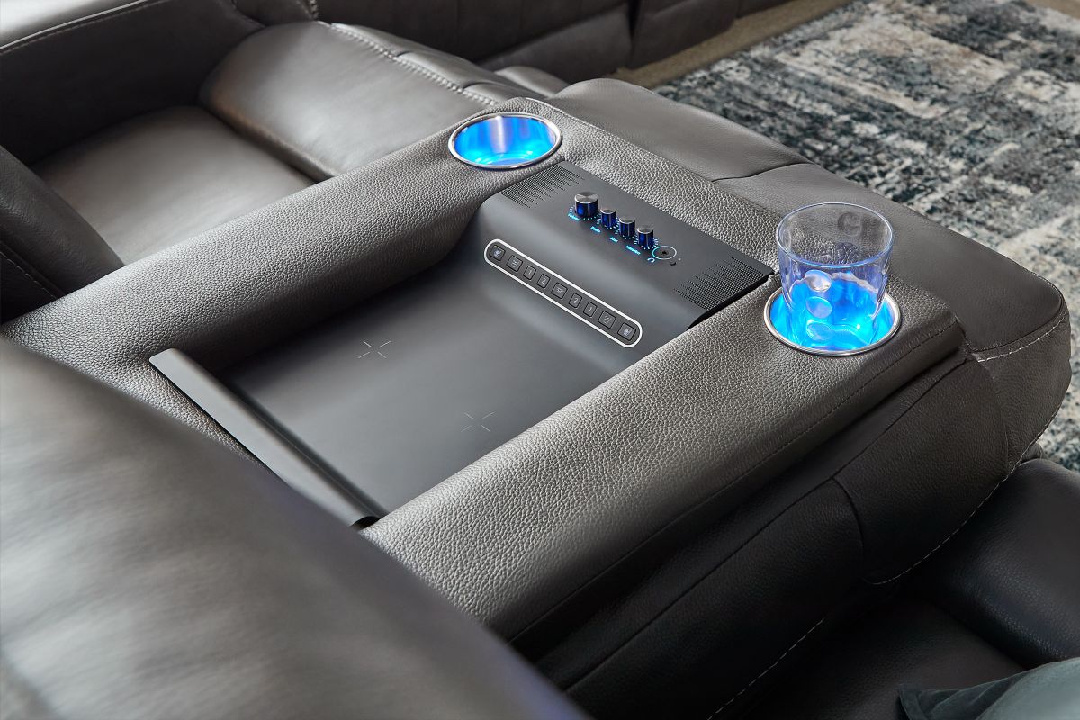 Maverick Steel Audio Triple Power Leather Reclining Sofa 13