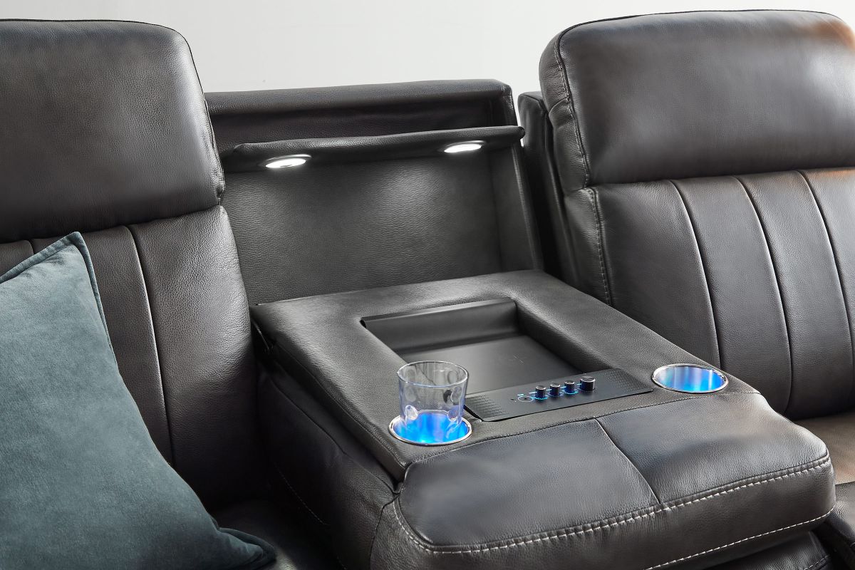 Maverick Steel Audio Triple Power Leather Reclining Sofa 14