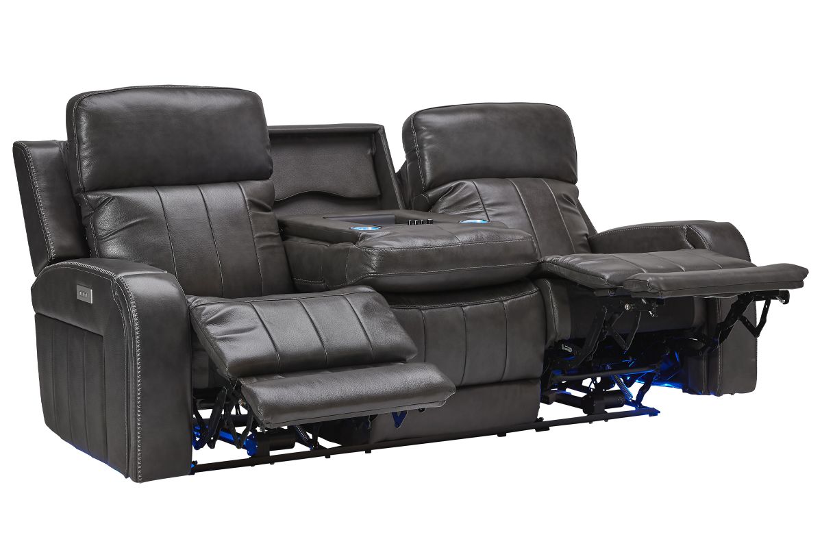 Maverick Steel Audio Triple Power Leather Reclining Sofa 19