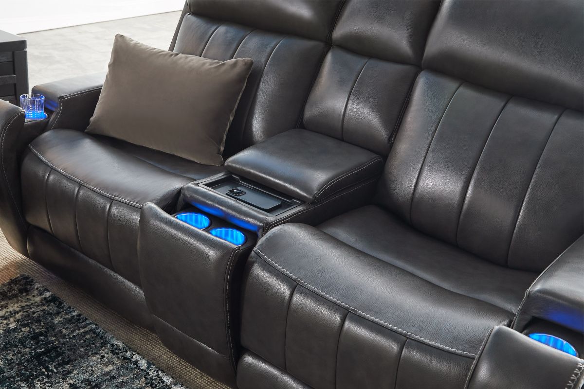 Maverick Steel Audio Triple Power Leather Reclining Console Loveseat 11