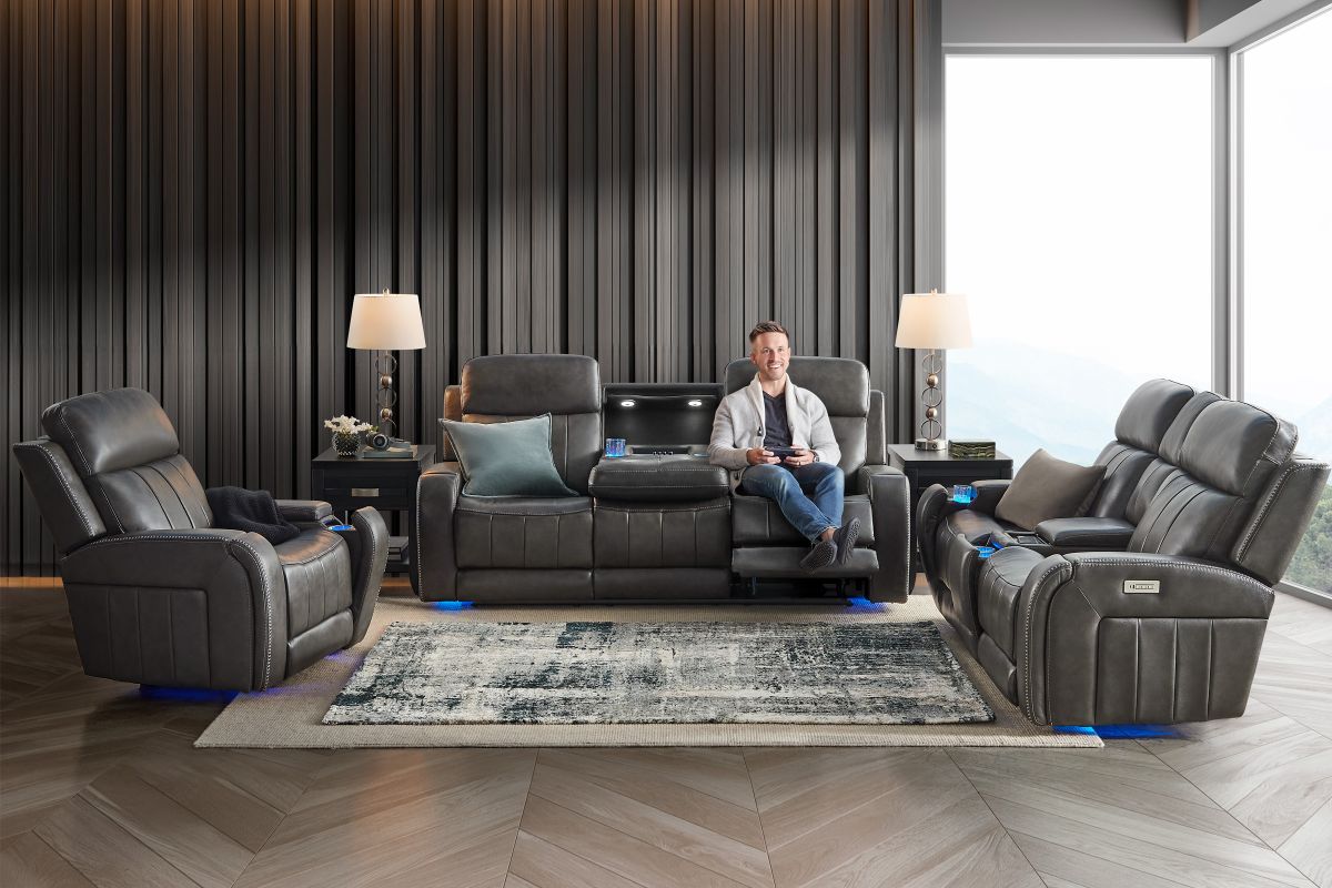 Maverick Steel Audio Triple Power Leather Reclining Console Loveseat 21