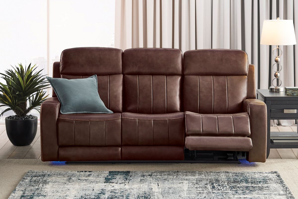 Maverick Brown Audio Triple Power Leather Reclining Sofa 12