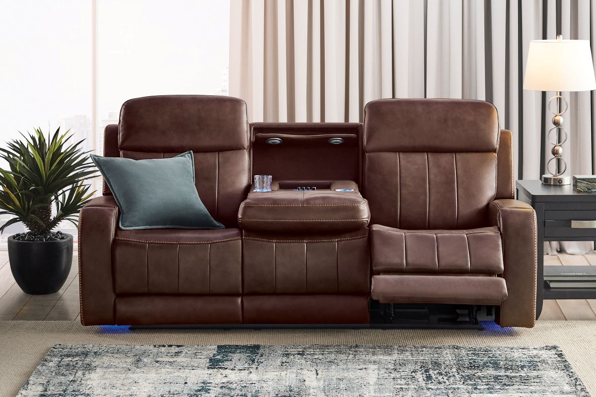 Maverick Brown Audio Triple Power Leather Reclining Sofa 13