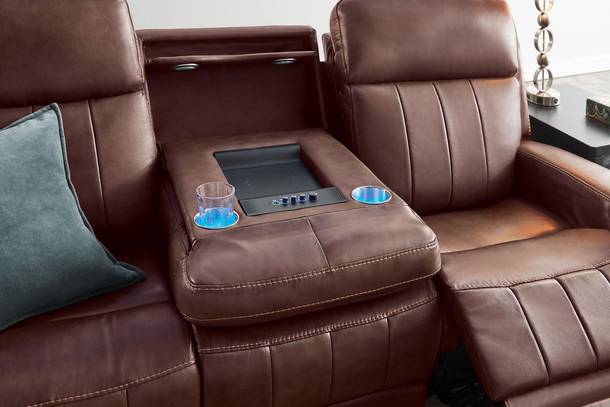 Maverick Brown Audio Triple Power Leather Reclining Sofa 14