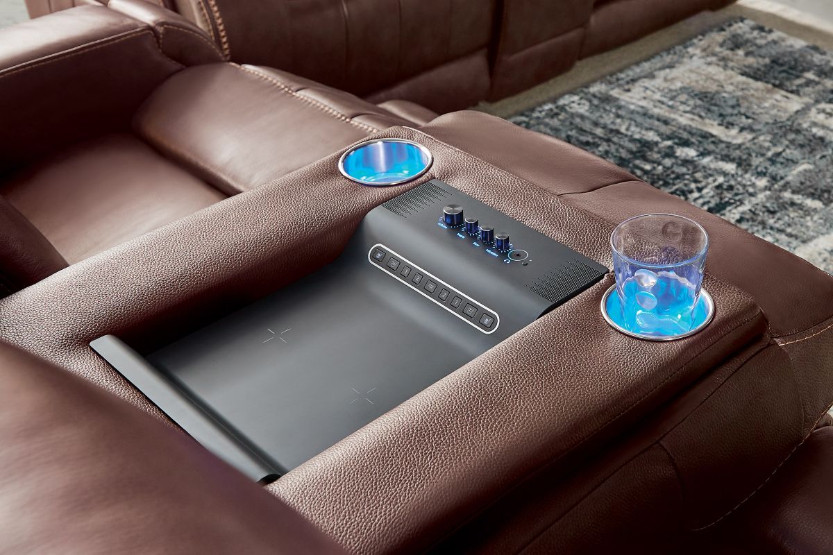 Maverick Brown Audio Triple Power Leather Reclining Sofa 15