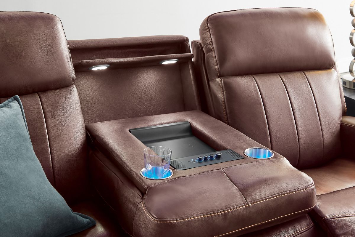 Maverick Brown Audio Triple Power Leather Reclining Sofa 16