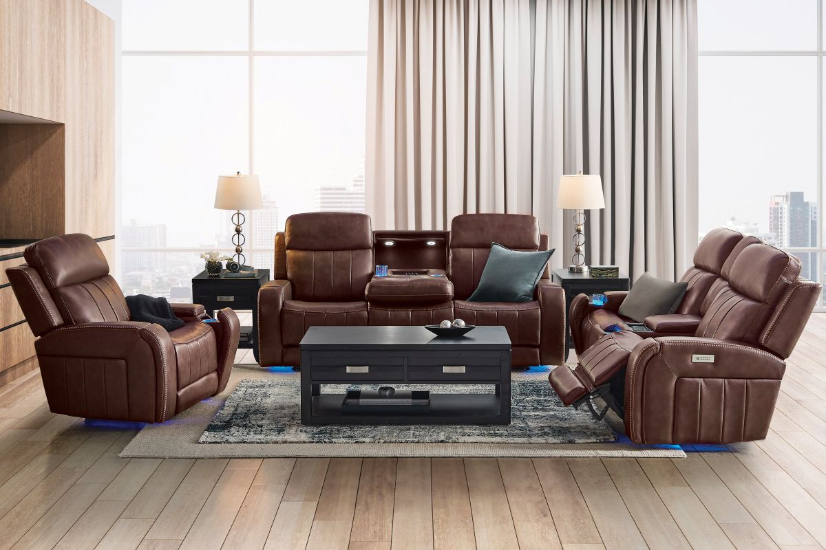 Maverick Brown Audio Triple Power Leather Reclining Sofa 18