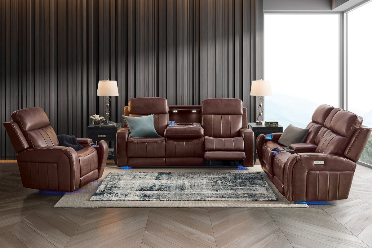 Maverick Brown Audio Triple Power Leather Reclining Sofa 19