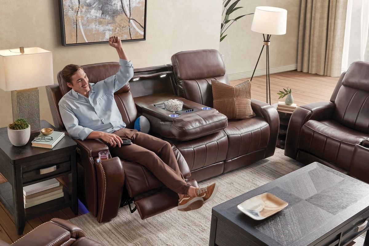 Maverick Brown Audio Triple Power Leather Reclining Console Loveseat 12