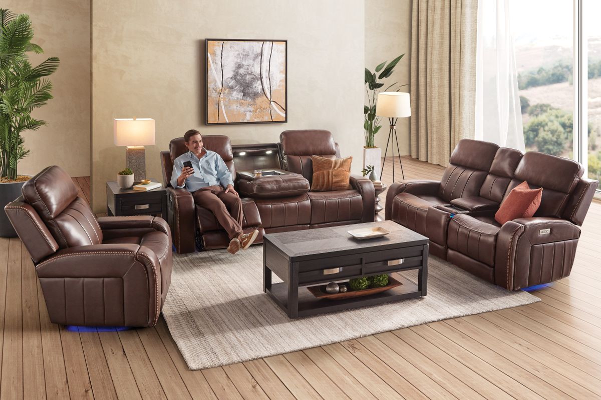 Maverick Brown Audio Triple Power Leather Reclining Console Loveseat 14