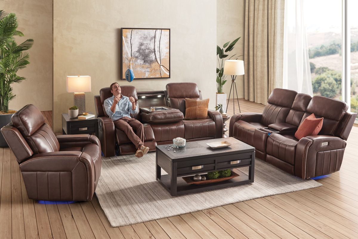 Maverick Brown Audio Triple Power Leather Reclining Console Loveseat 16