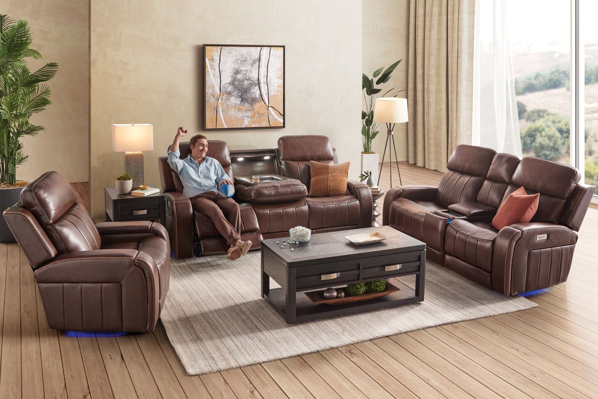 Maverick Brown Audio Triple Power Leather Reclining Console Loveseat 17