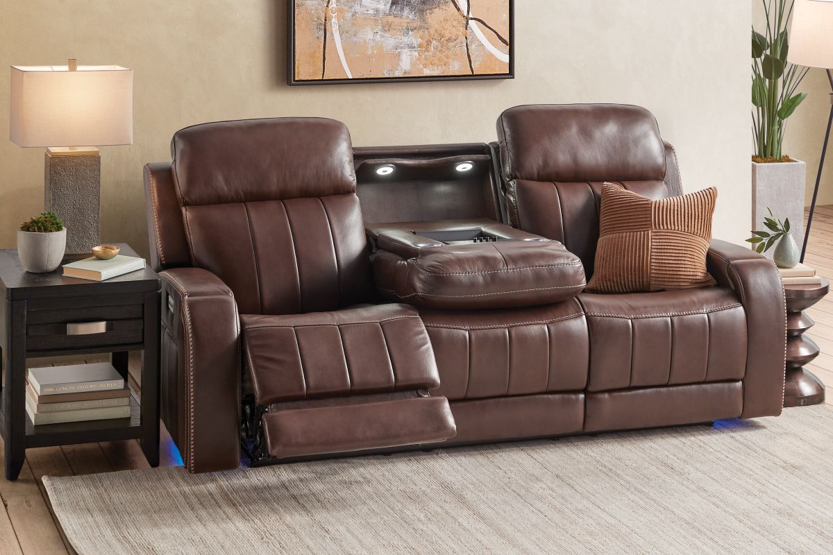 Maverick Brown Audio Triple Power Leather Reclining Sofa 20