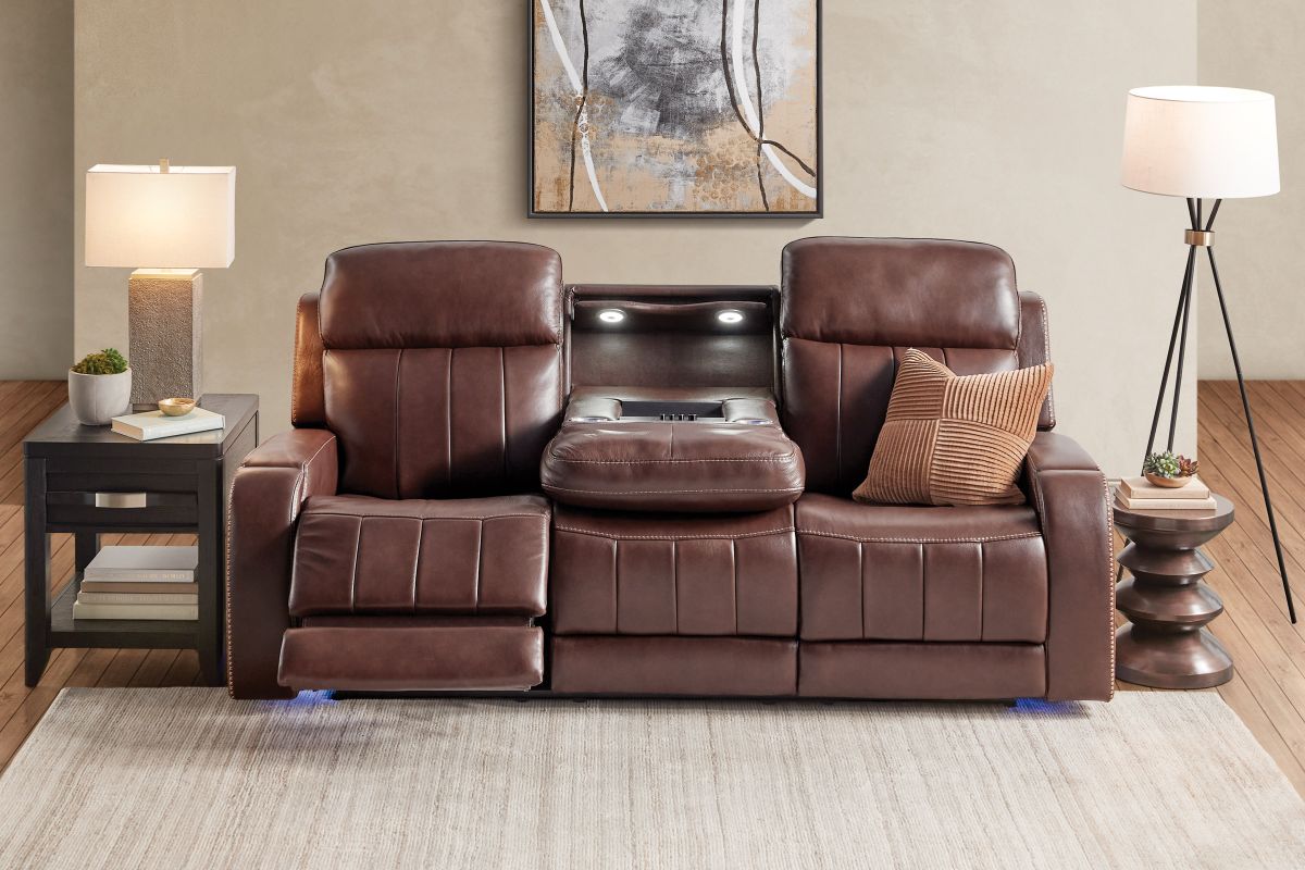 Maverick Brown Audio Triple Power Leather Reclining Sofa 21
