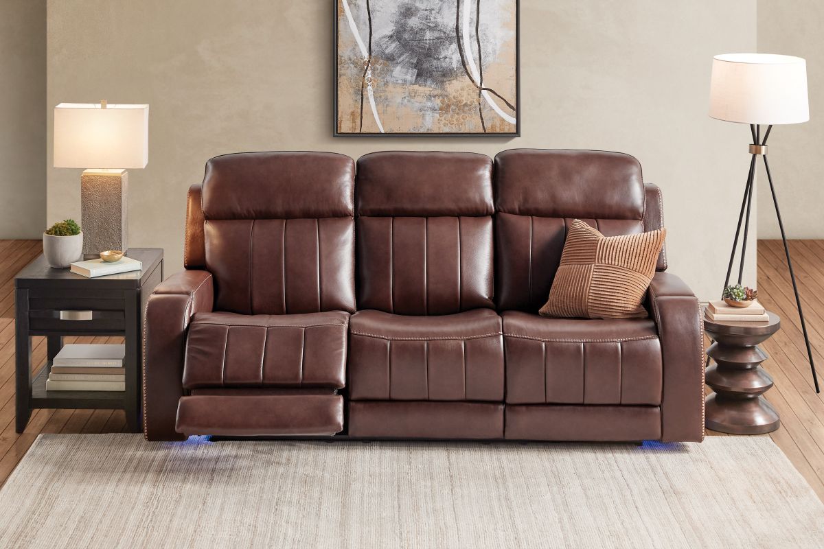 Maverick Brown Audio Triple Power Leather Reclining Sofa 22