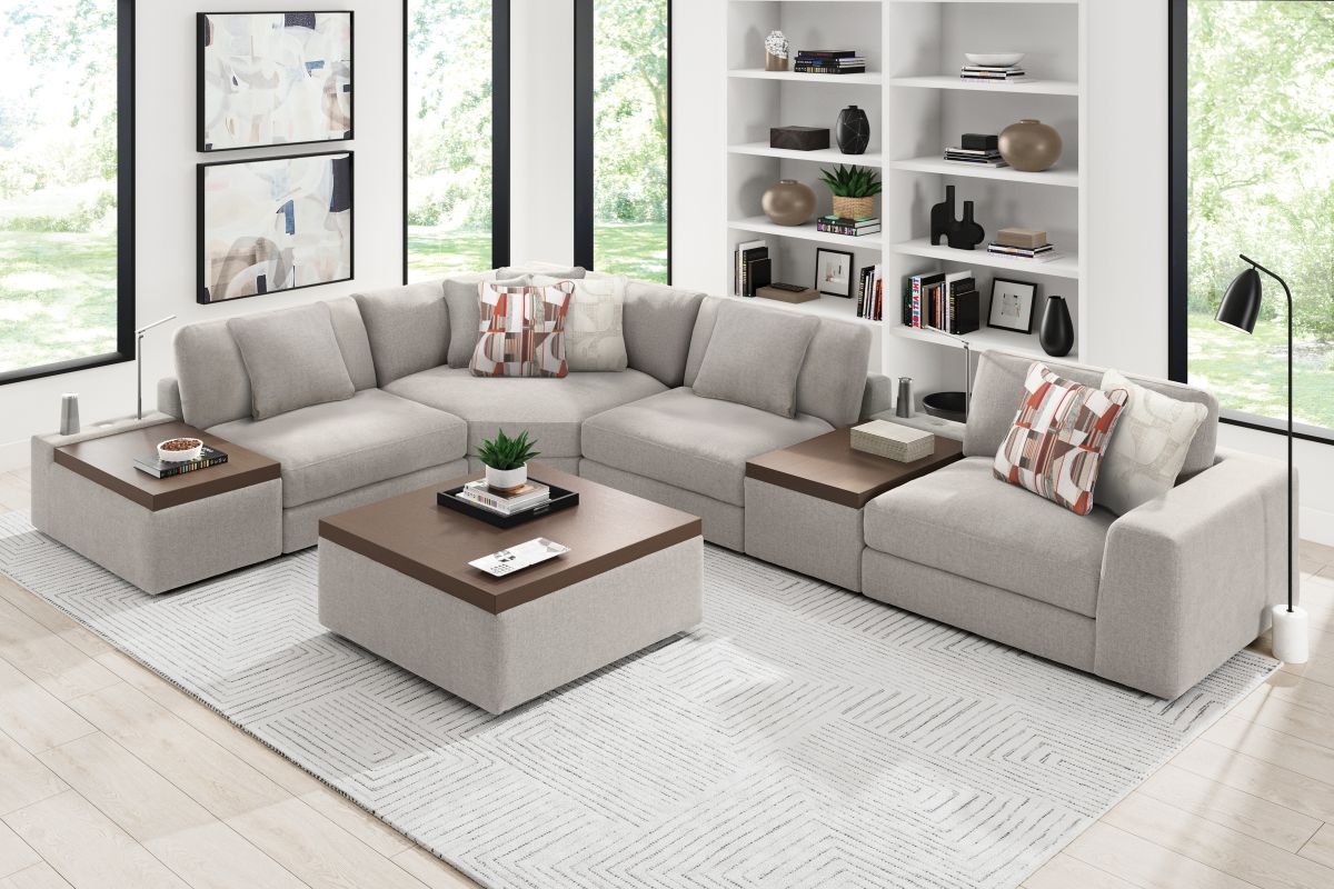 ModularThree Grey 6-Piece Sectional with Right Arm Facing Chair + 2 Media Consoles 2