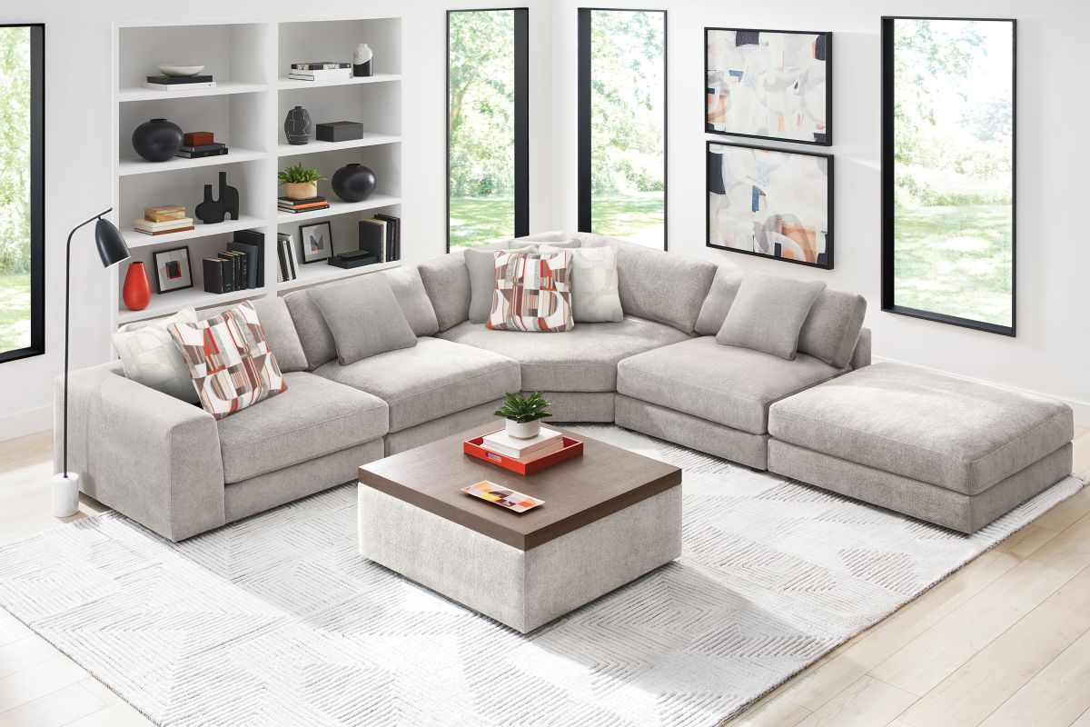ModularThree Grey 5-Piece Sectional with Right Arm Facing Chair + Bump Ottoman 2