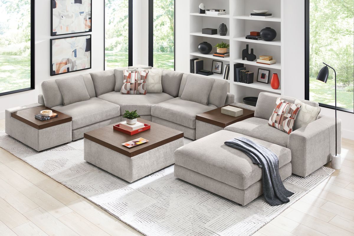 ModularThree Grey 6-Piece Sectional with Right Arm Facing Chair + 2 Media Consoles 11