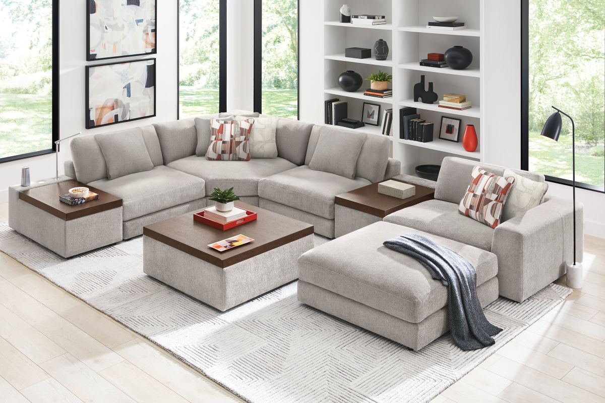 ModularThree Grey 6-Piece Sectional with Right Arm Facing Chair + 2 Media Consoles 9