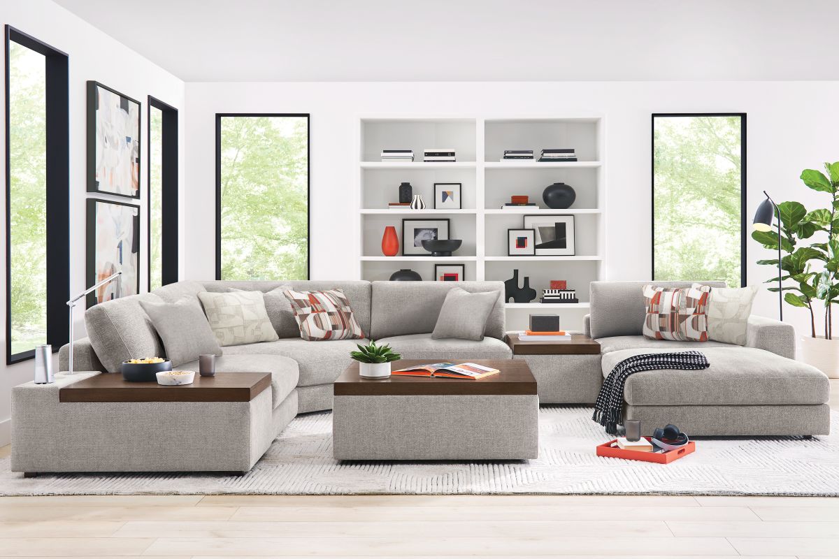 ModularThree Grey 6-Piece Sectional with Right Arm Facing Chair + 2 Media Consoles 14