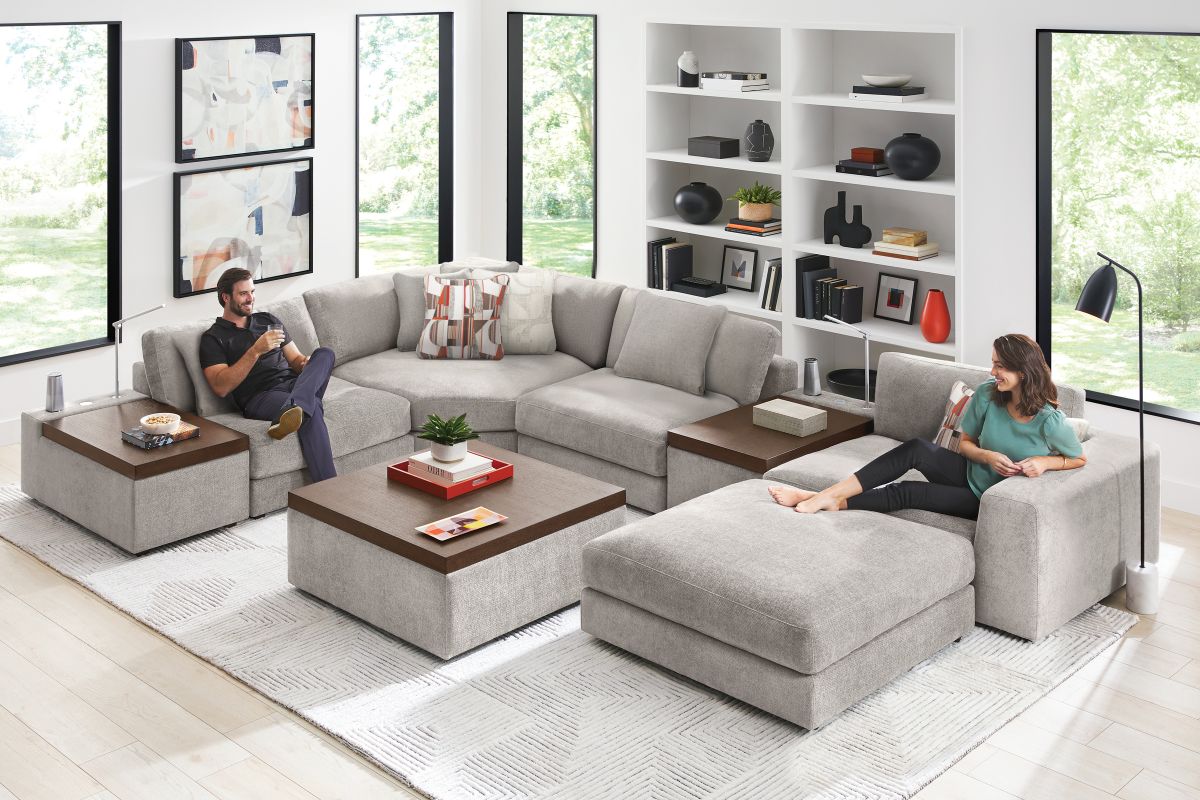 ModularThree Grey 6-Piece Sectional with Right Arm Facing Chair + 2 Media Consoles 10