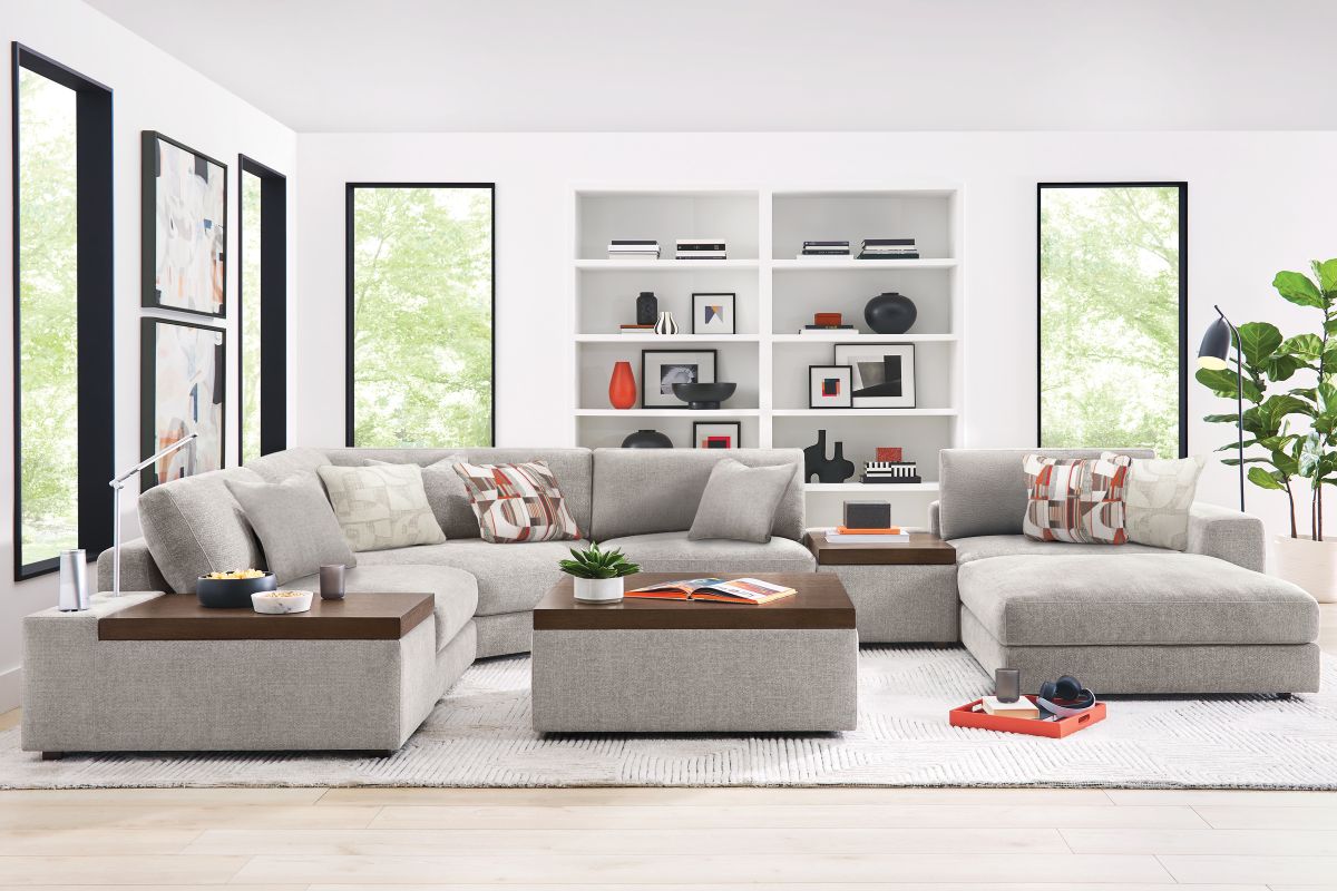 ModularThree Grey 6-Piece Sectional with Right Arm Facing Chair + 2 Media Consoles 15