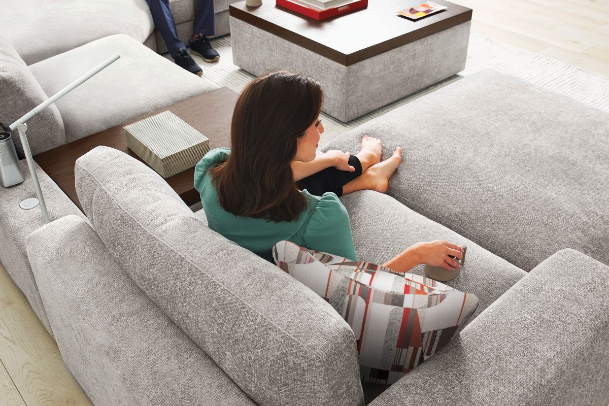 ModularThree Grey 5-Piece Sectional with Right Arm Facing Chair + Media Console 14