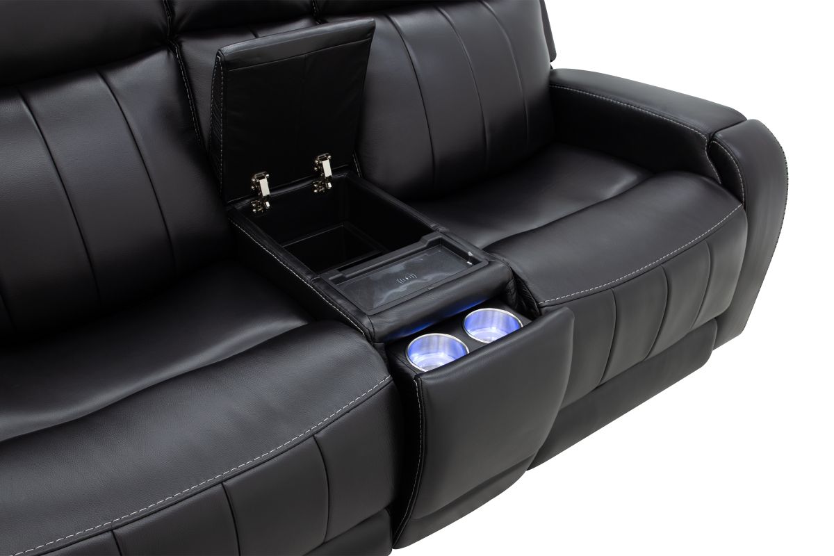 Maverick Black Audio Triple Power Leather Reclining Console Loveseat 7